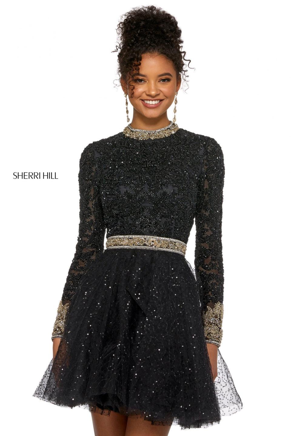 sherri hill A-line cocktail dress with beaded long sleeve high neck bodice with and open back and sequin tulle skirt