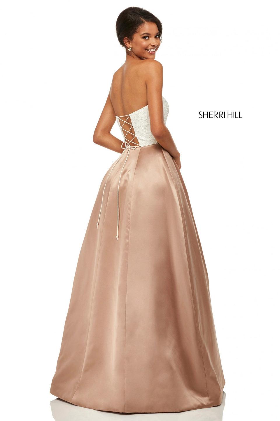 Sherri Hill A-line Dress With Strapless Corset Back Lace Bodice And Satin Skirt With Pockets