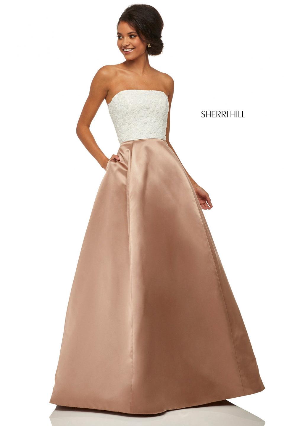 sherri hill A-line dress with strapless corset back lace bodice and satin skirt with pockets