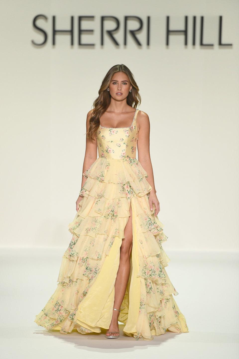 Sherri Hill A-line Floral Gown With Chiffon Ruffle Skirt