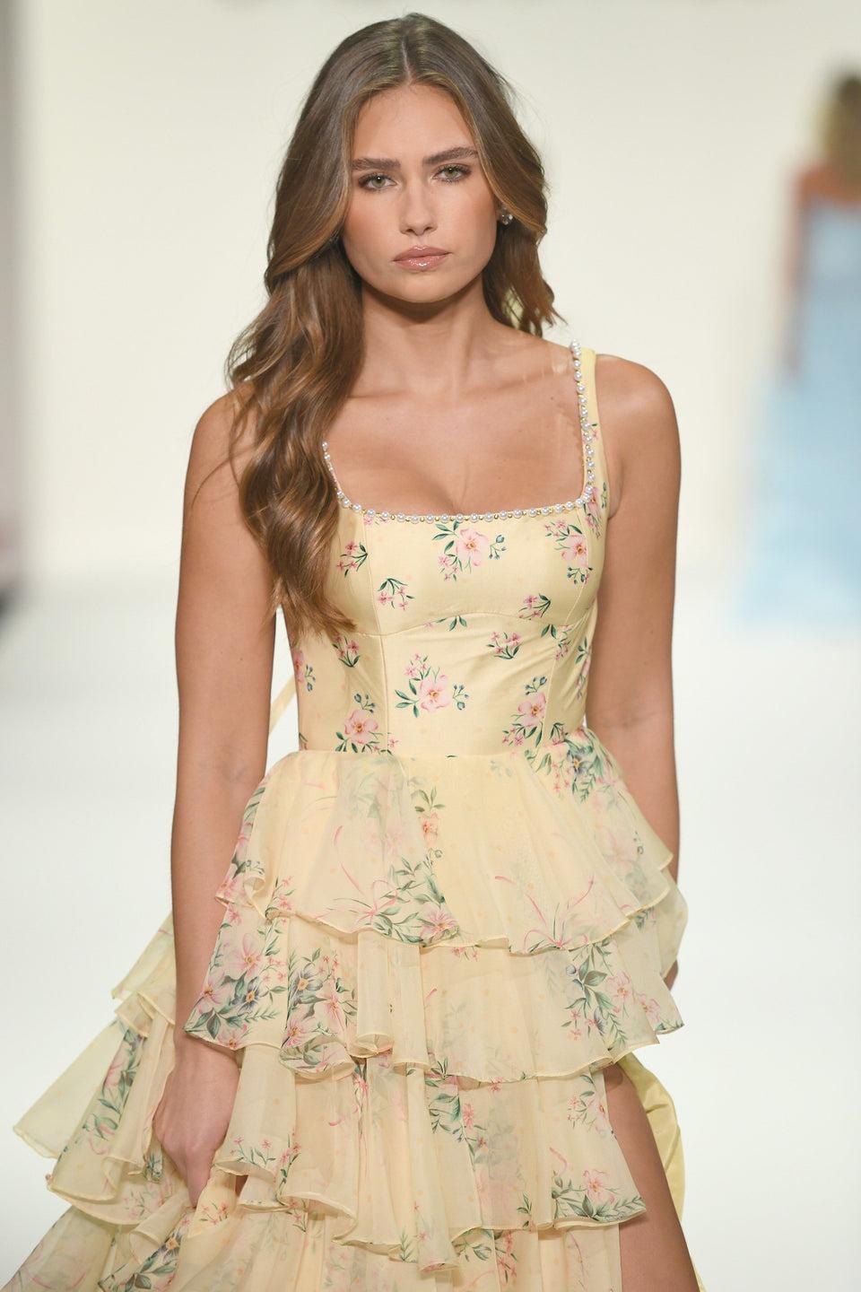 sherri hill A-line floral gown with chiffon ruffle skirt sherri hill A-line floral gown with chiffon ruffle skirt