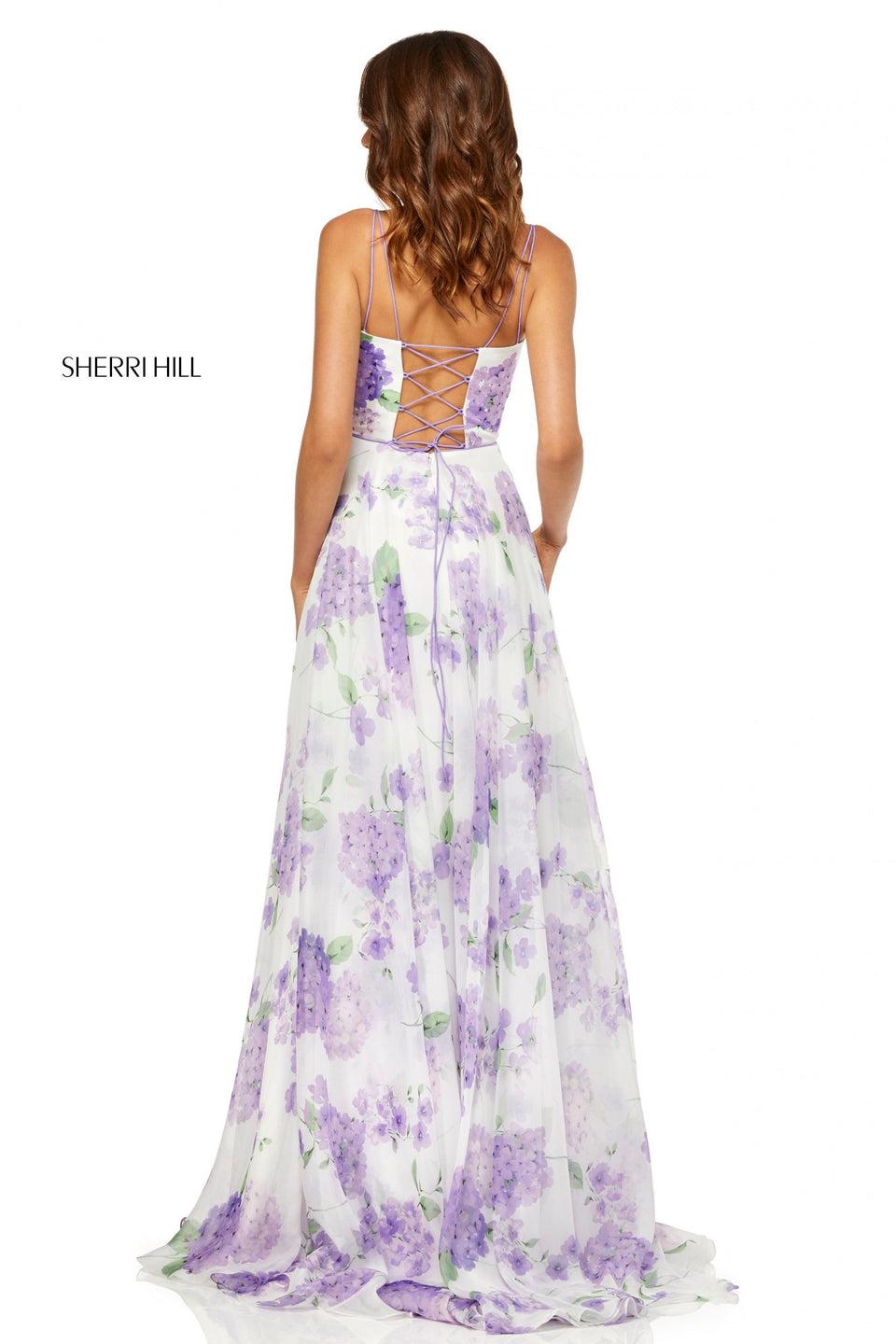 Sherri Hill A-line Floral Print Gown With Chiffon Skirt And Taffeta Bodice With Lace Up Back