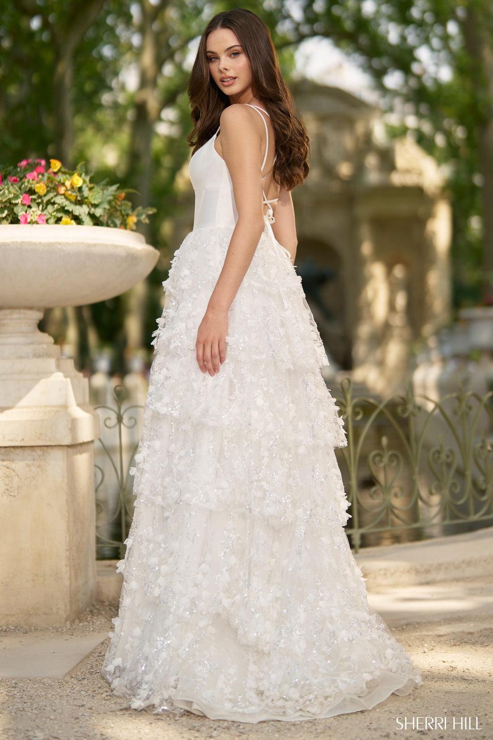 Sherri Hill A-line Gown With 3D Flower Embellished Ruffle Skirt With Slit And A Lace Up Back