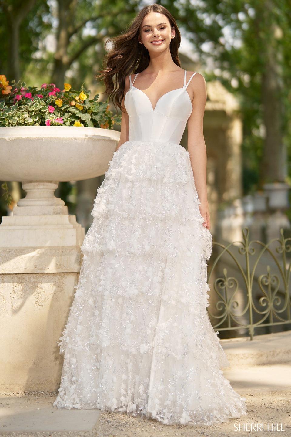 Sherri Hill A-line Gown With 3D Flower Embellished Ruffle Skirt With Slit And A Lace Up Back