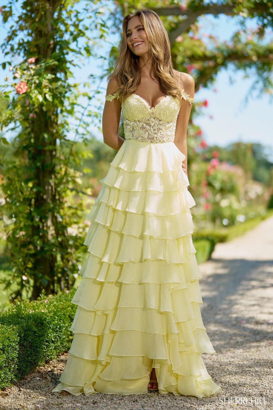 Sherri Hill A Line Gown With Chiffon Ruffle Skirt Corset Leaf Lace Top Off The Shoulder Straps And A Skirt Slit