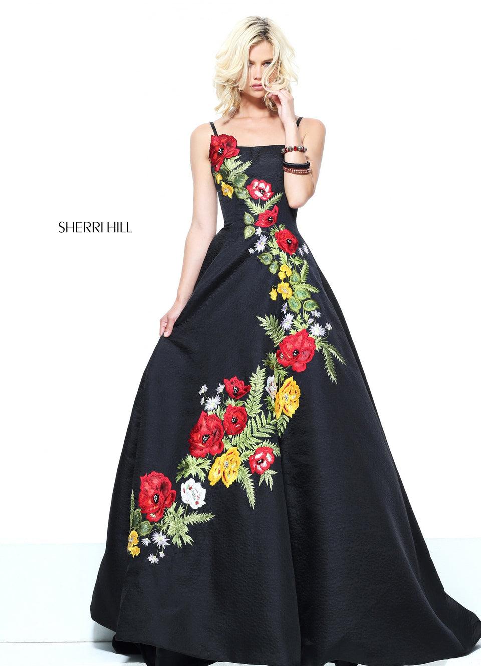sherri hill A-line gown with embroidered floral design