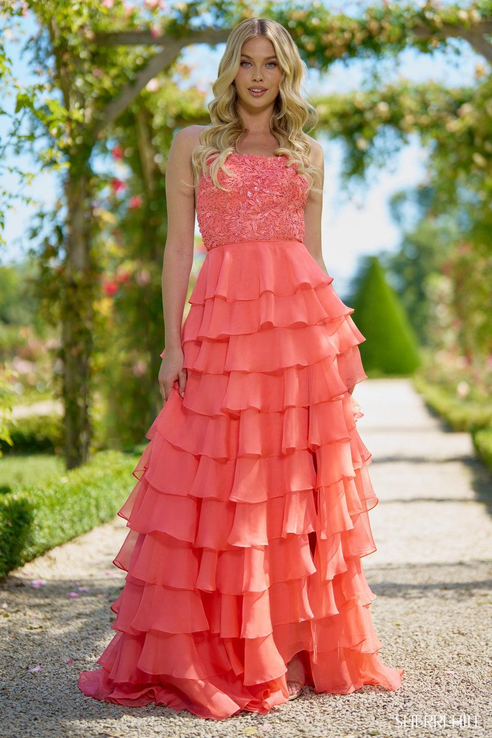 Sherri Hill A-line Gown With Leaf Lace Top And Chiffon Ruffle Skirt With Slit