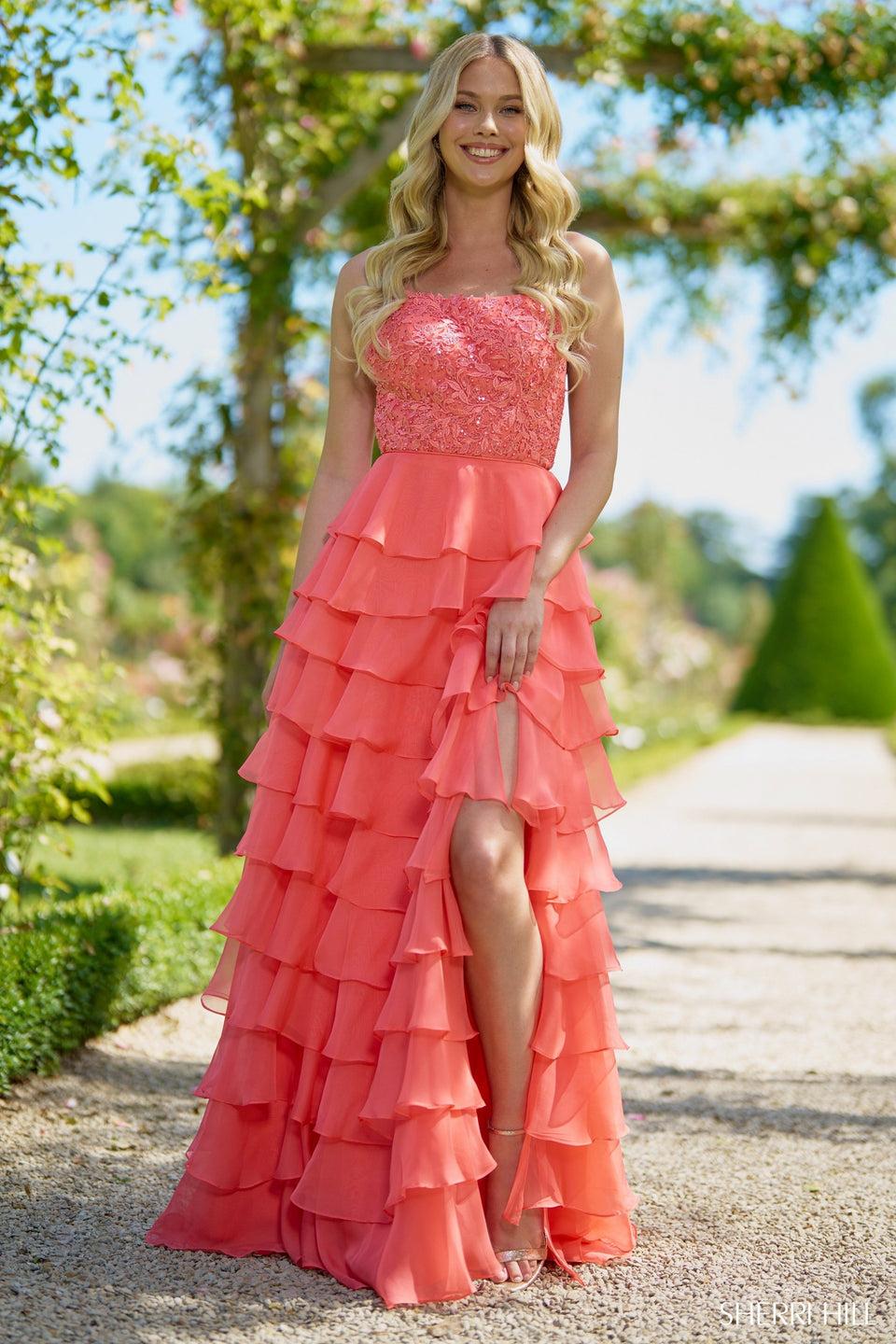 Sherri Hill A-line Gown With Leaf Lace Top And Chiffon Ruffle Skirt With Slit