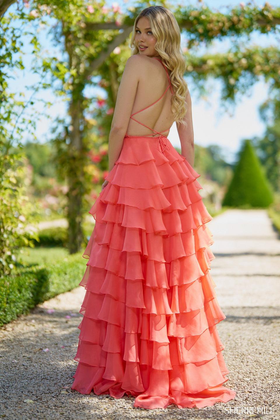 sherri hill A-line gown with leaf lace top and chiffon ruffle skirt with slit