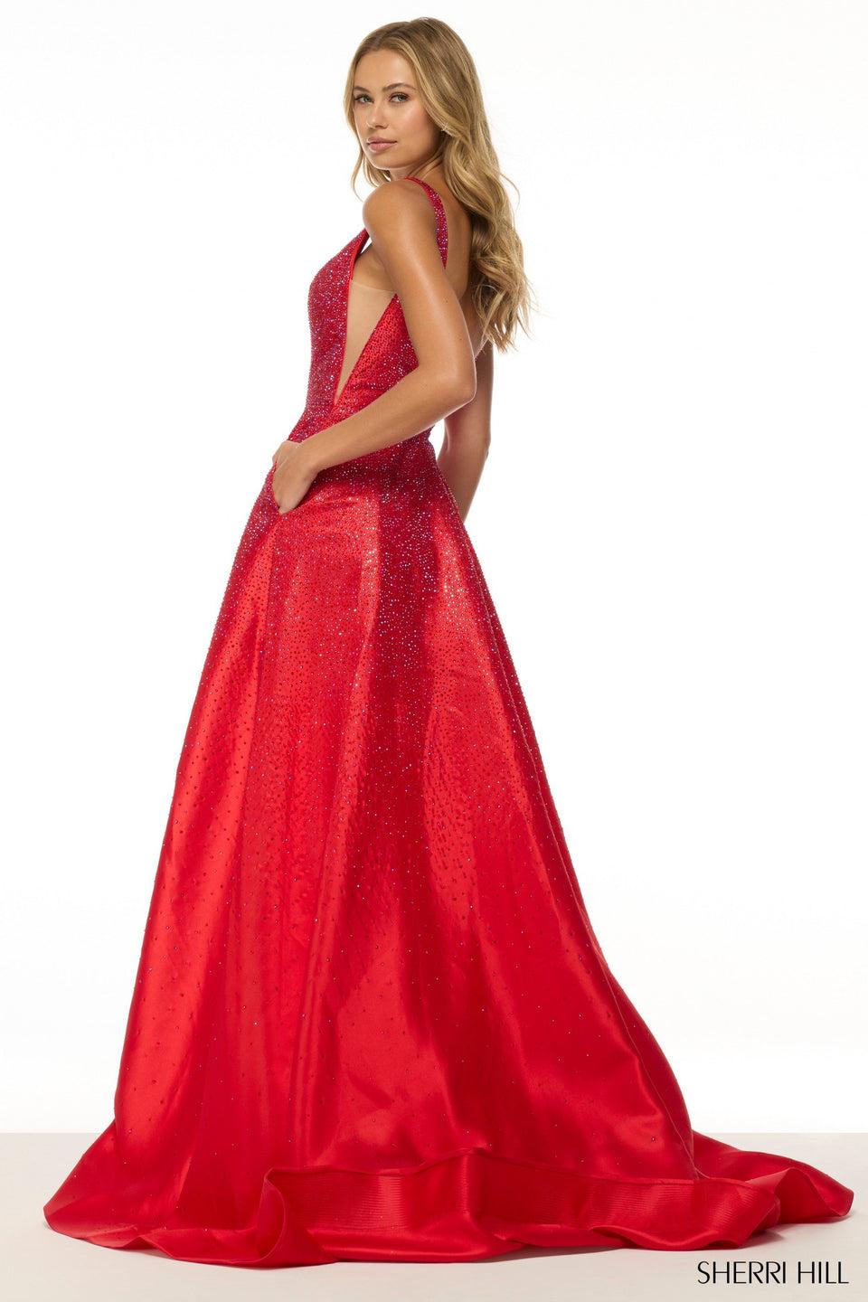 Sherri Hill A-line Hot Fix Gown With Sheer Sides And A Skirt Slit