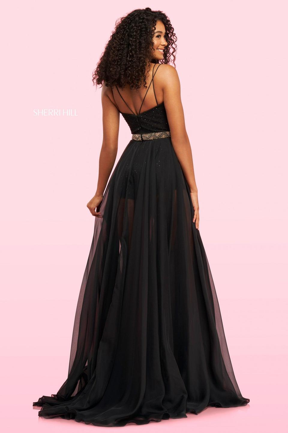 Sherri Hill A-line Hot Fix Scuba Romper With Deep V-Neckline Sheer Overskirt And Beaded Belt