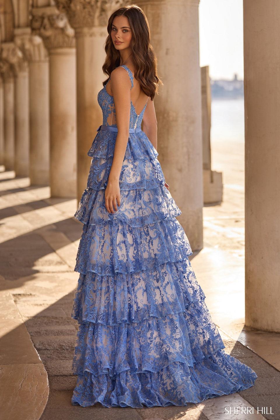 Sherri Hill A-line Lace Gown With Ruffle Skirt Skirt Slit And A Bow