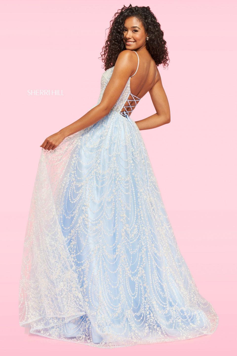 Sherri Hill A-line Lace Pattern Ball Gown With Boned Bodice Crochet Style Lace Up Back And Thin Spaghetti Straps