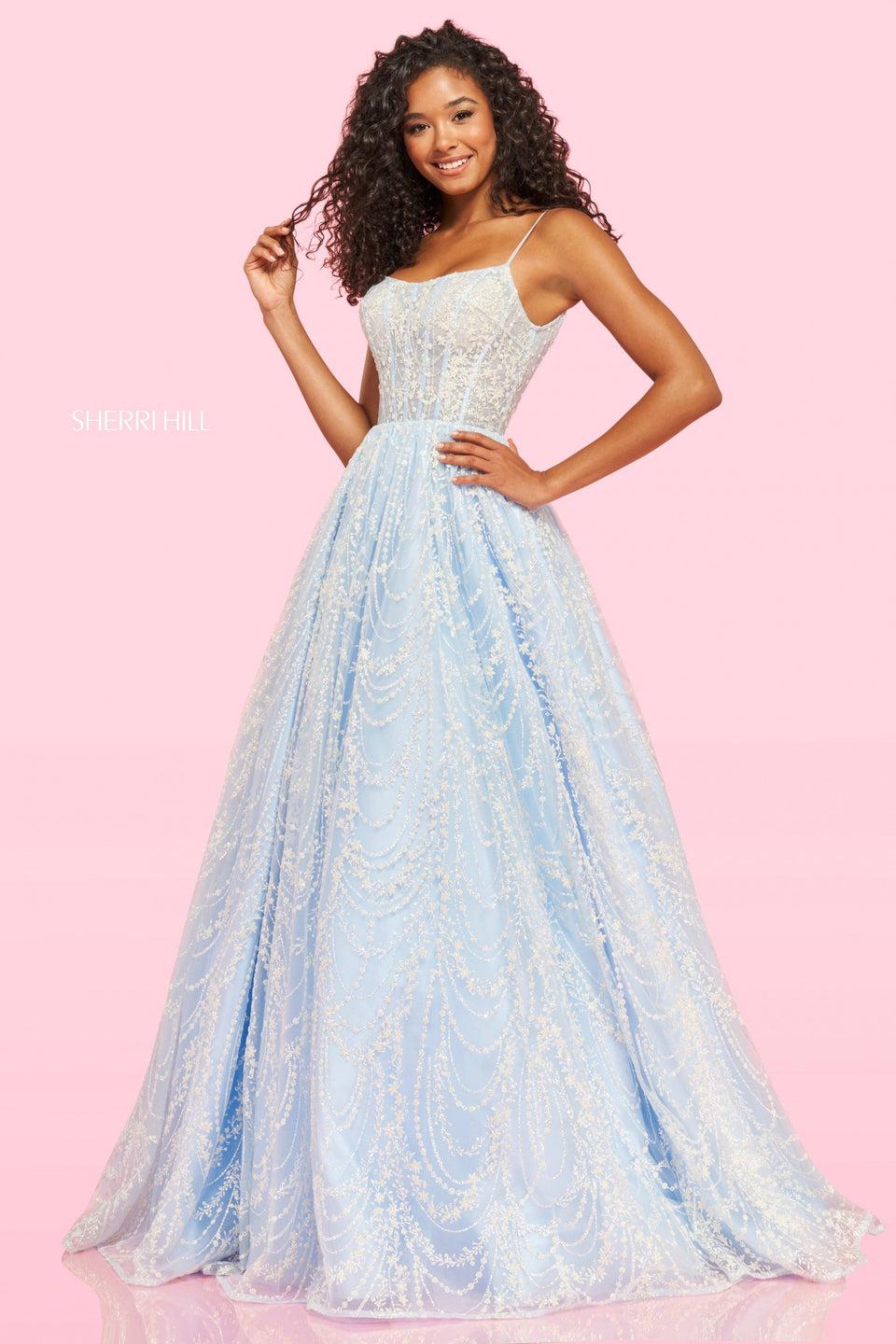 Sherri Hill A-line Lace Pattern Ball Gown With Boned Bodice Crochet Style Lace Up Back And Thin Spaghetti Straps