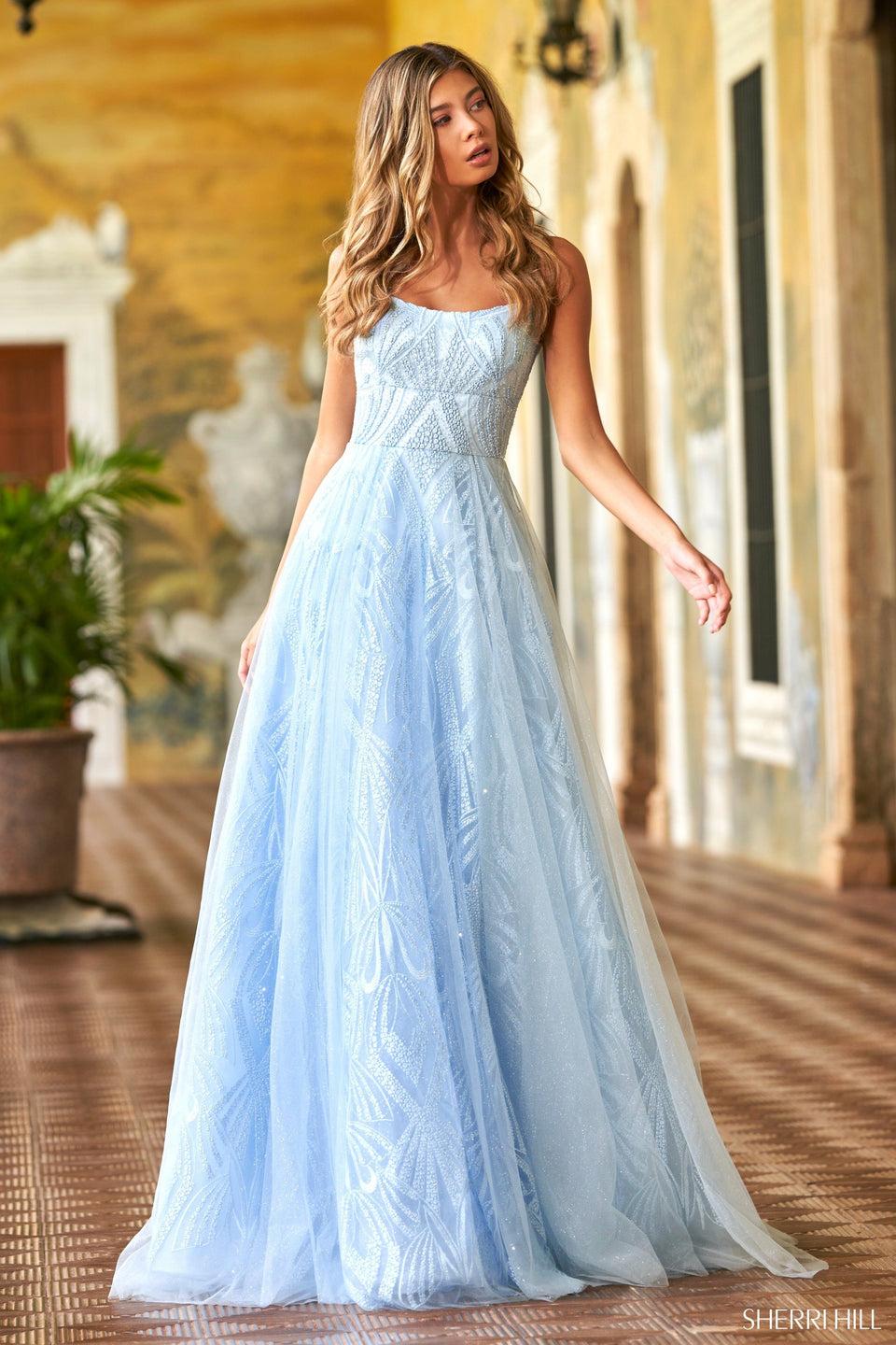 sherri hill A-line lace pattern ball gown with crochet style lace up back and thin spaghetti straps