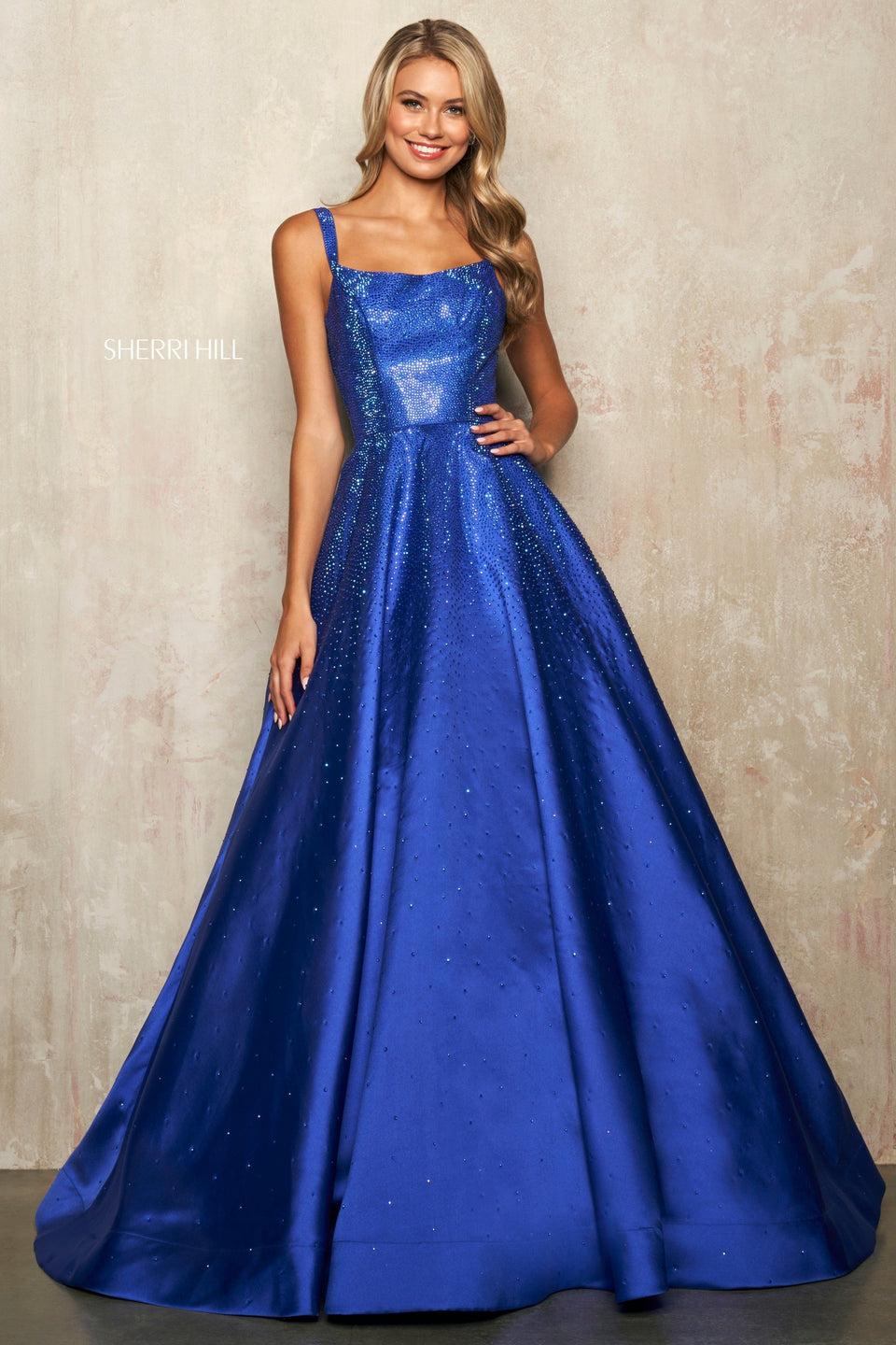 sherri hill A-line mikado ball gown with hot fix and open back