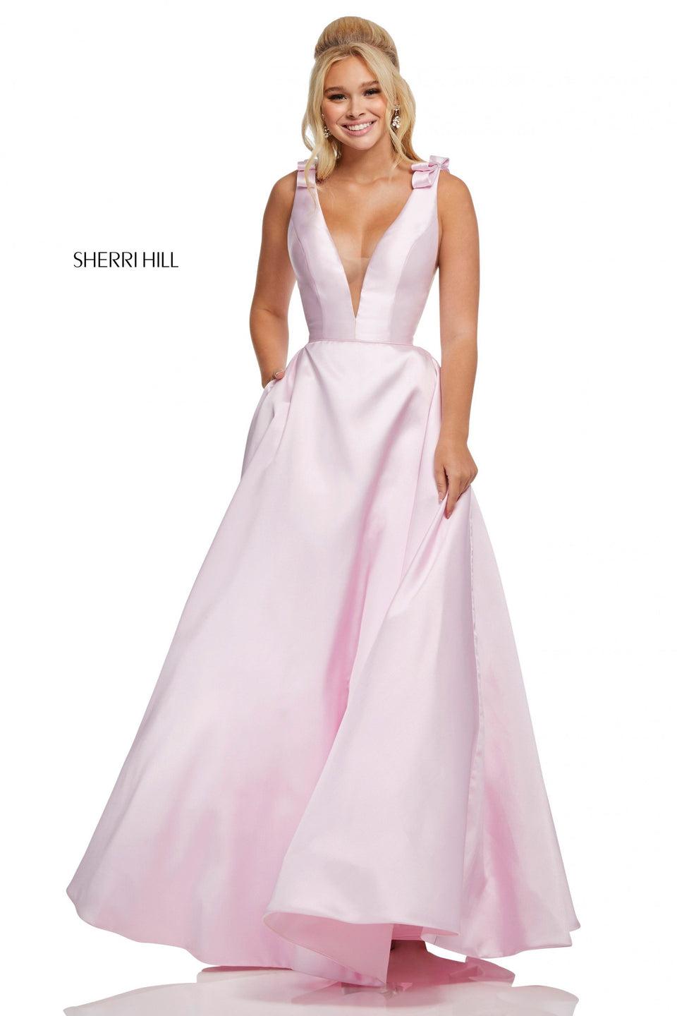 Sherri Hill Ball Gown With Plunging Neckline And Back With Bow Straps