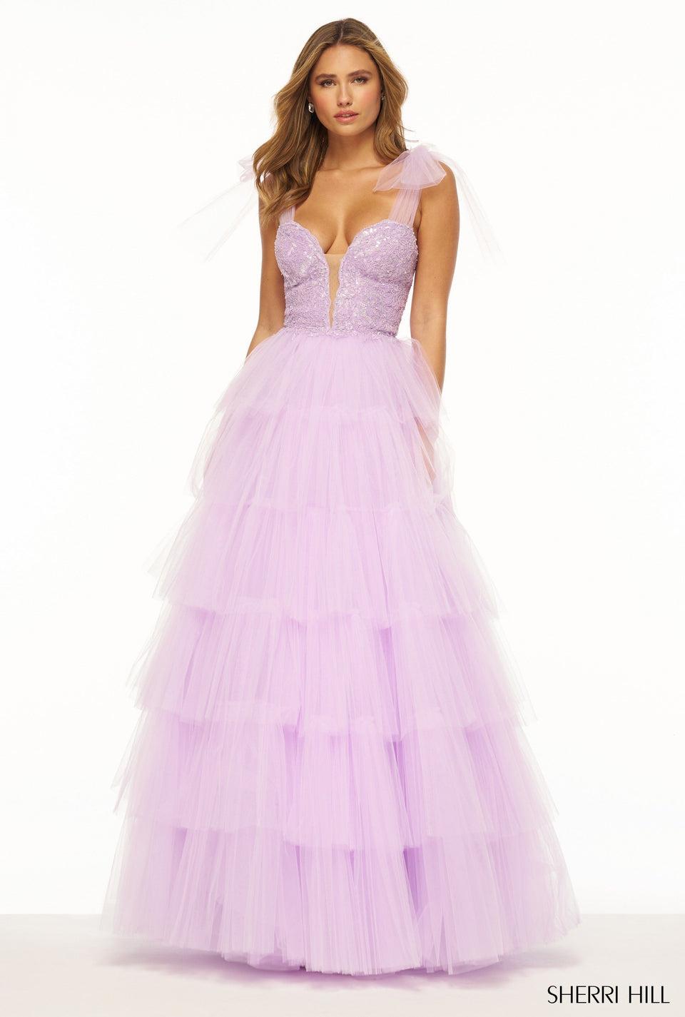 sherri hill Ballgown lace bodice deep V neckline and ruffle skirt