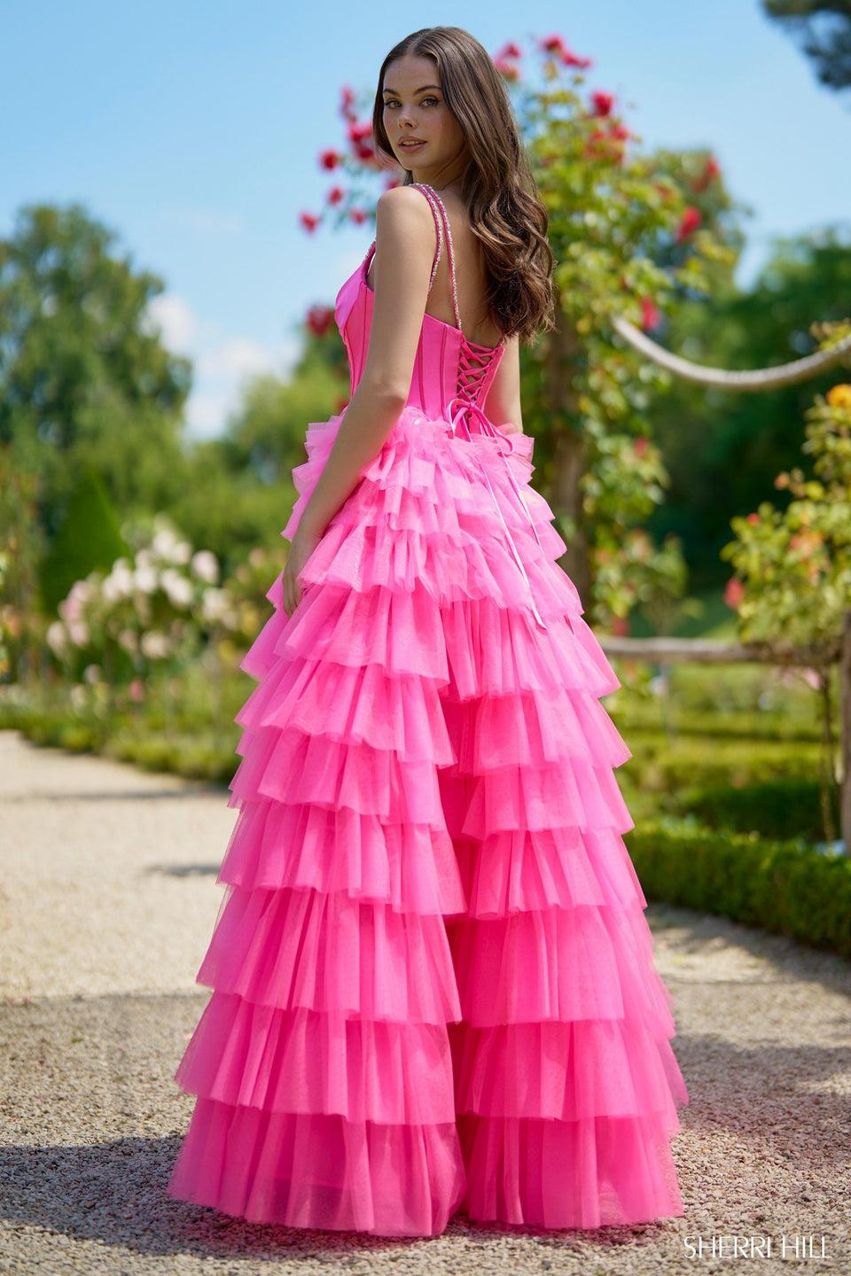 Sherri Hill Ballgown With Corset Bodice Tulle Ruffle Skirt And Bead Embellishments On Bodice