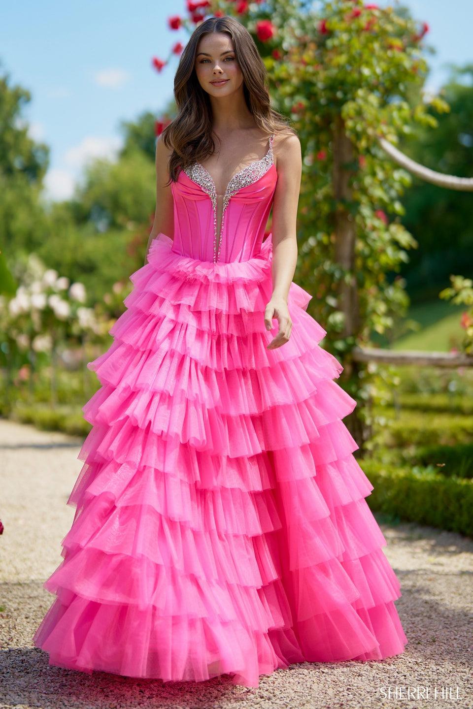 Sherri Hill Ballgown With Corset Bodice Tulle Ruffle Skirt And Bead Embellishments On Bodice