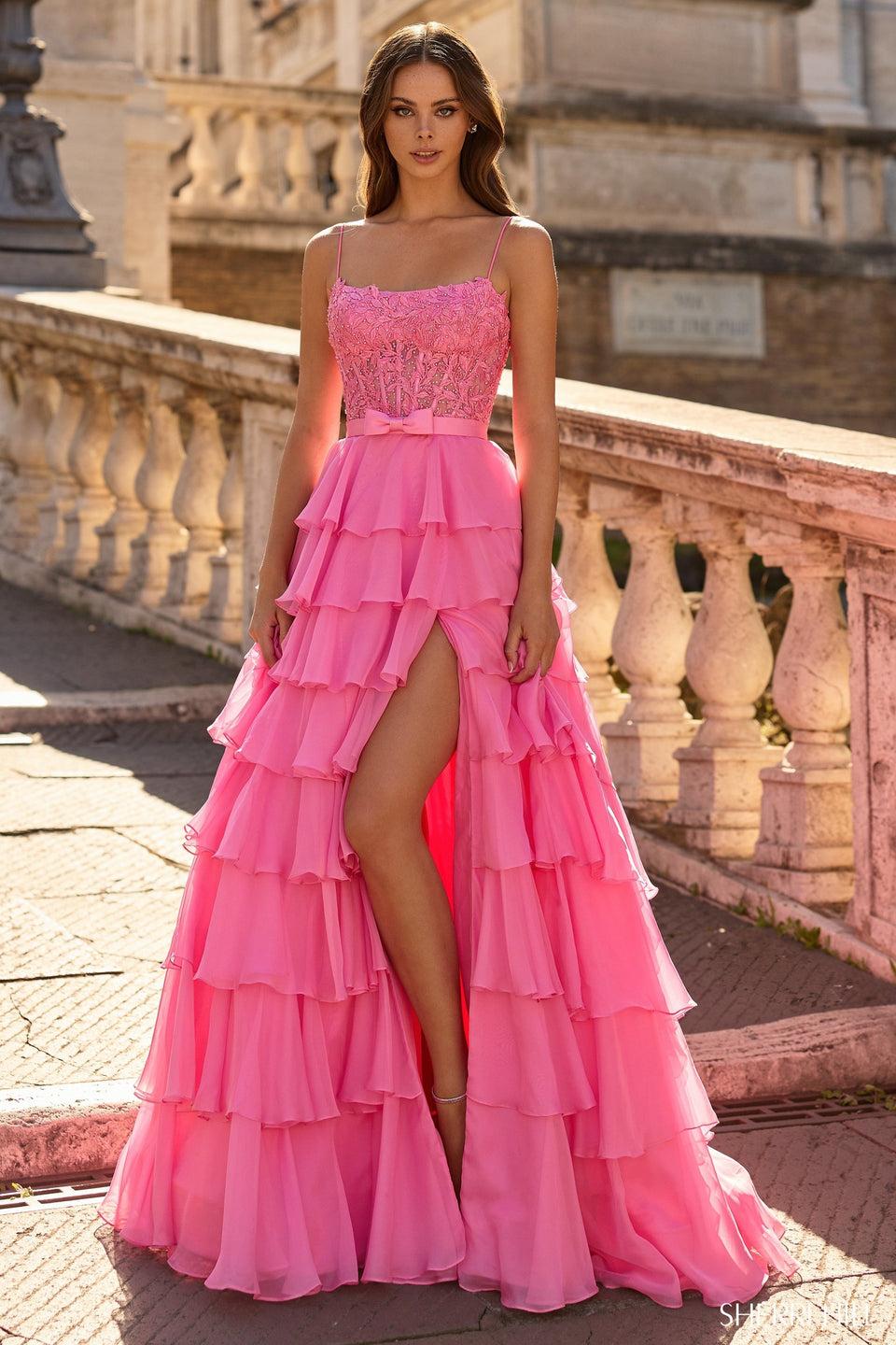 sherri hill Ballgown with leaf lace corset bodice and chiffon ruffle skirt with slit