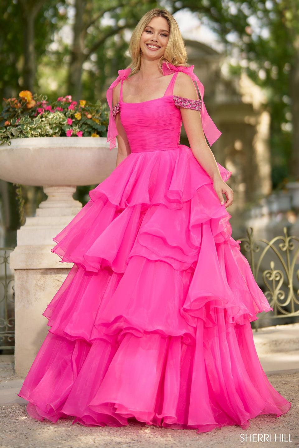 Sherri Hill Ballgown With Ruffle Skirt Off The Shoulder Beaded Straps And Bow Embellishments