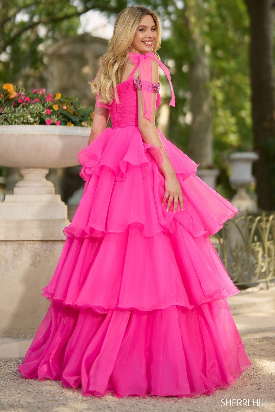 Sherri Hill Ballgown With Ruffle Skirt Off The Shoulder Beaded Straps And Bow Embellishments