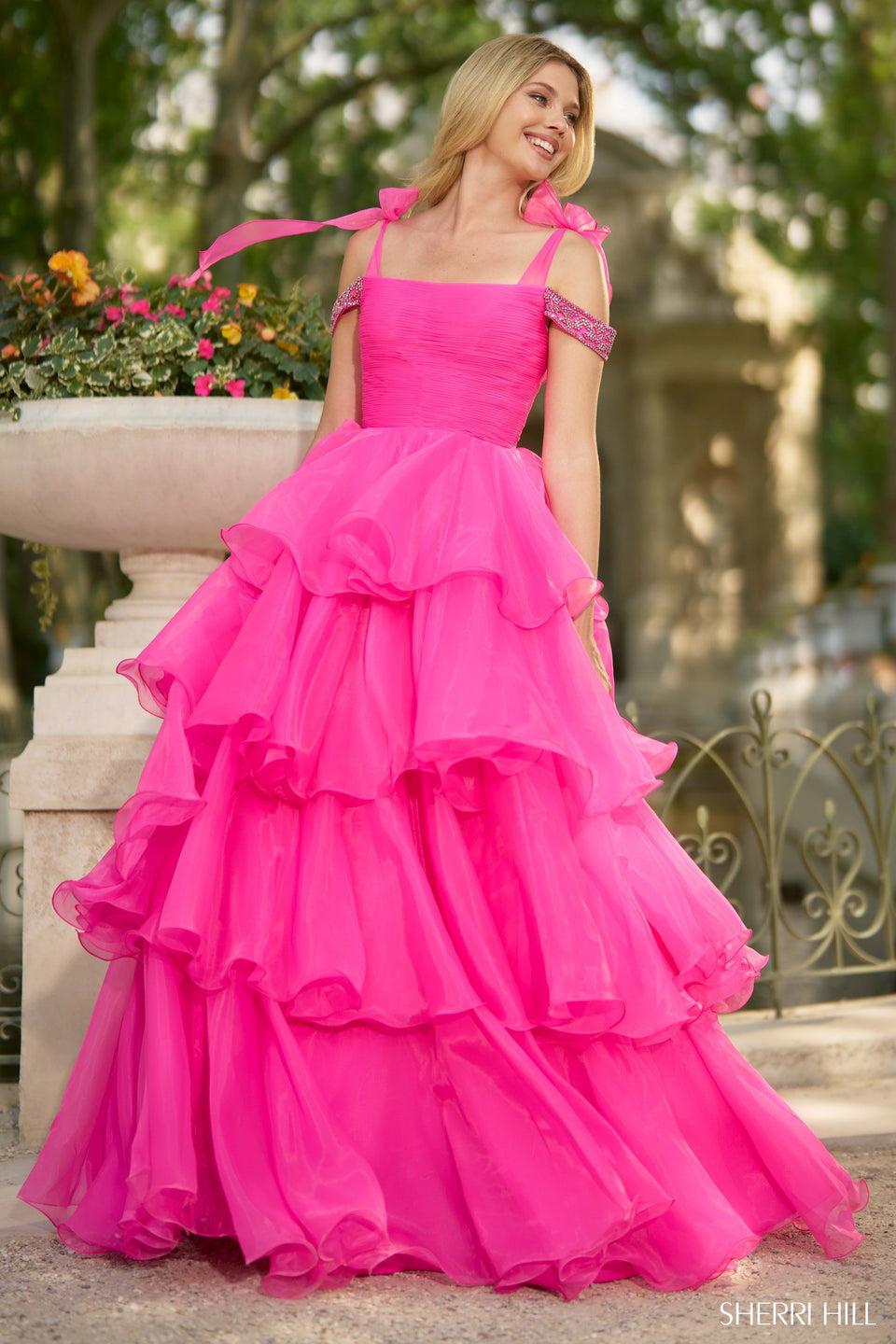 sherri hill Ballgown with ruffle skirt off the shoulder beaded straps and bow embellishments