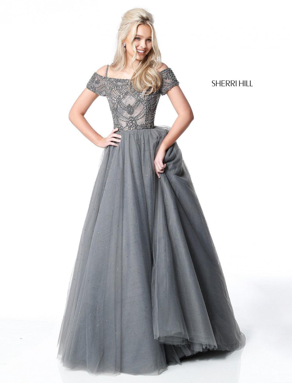 Sherri Hill Bead Appliqued Bodice With Off Shoulder Straps And Tulle Ball Gown Skirt