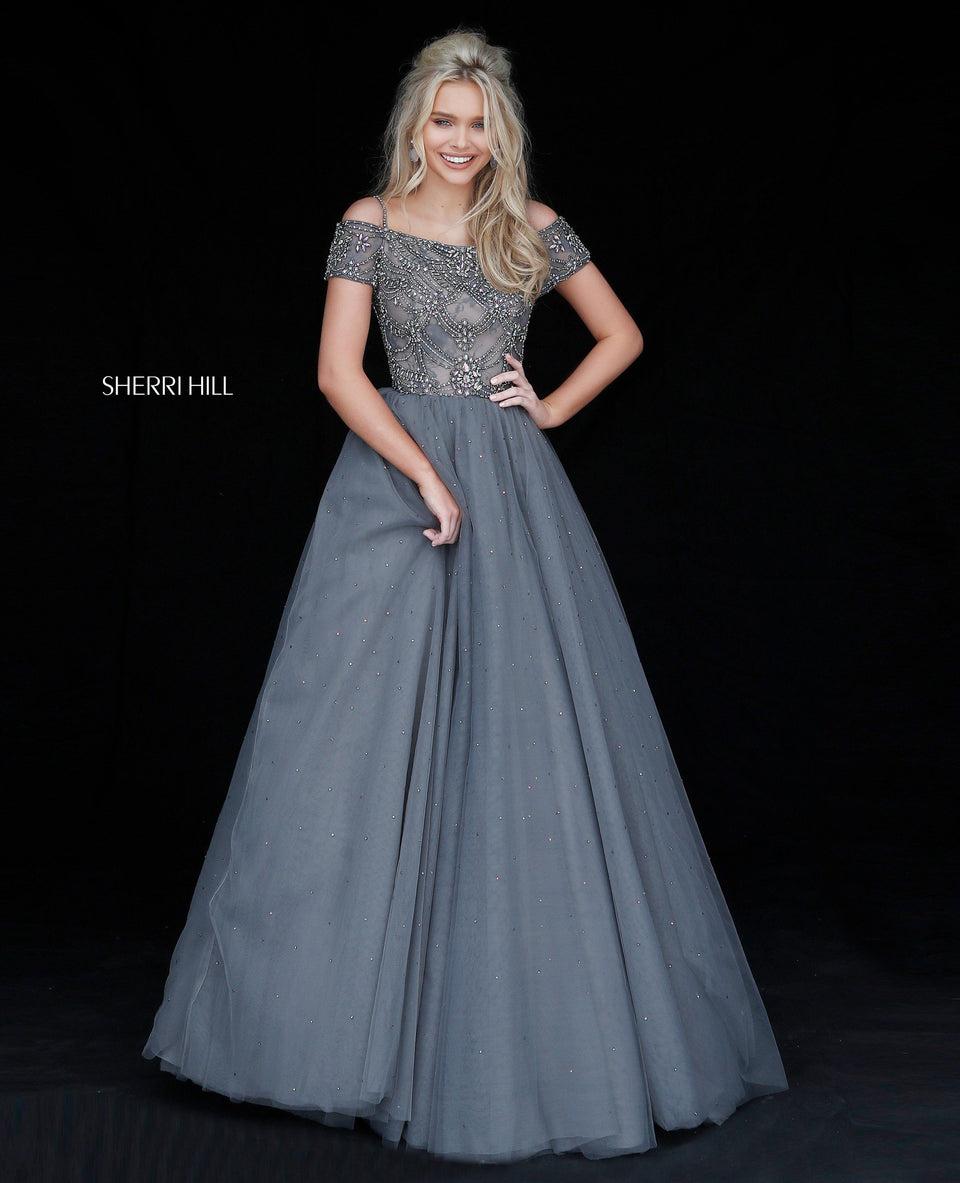 Sherri Hill Bead Appliqued Bodice With Off Shoulder Straps And Tulle Ball Gown Skirt