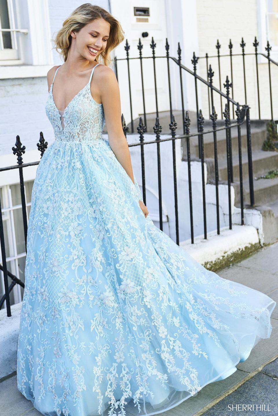 sherri hill Beaded and embroidered A-line gown with deep V illusion sweetheart neckline and low rounded back