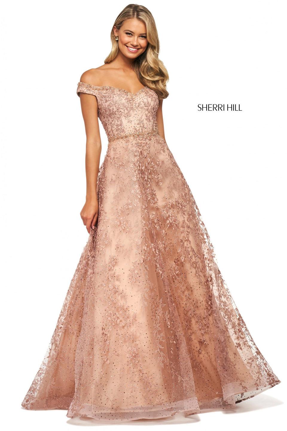 sherri hill Beaded and embroidered A-line gown with off-the-shoulder sweetheart neckline