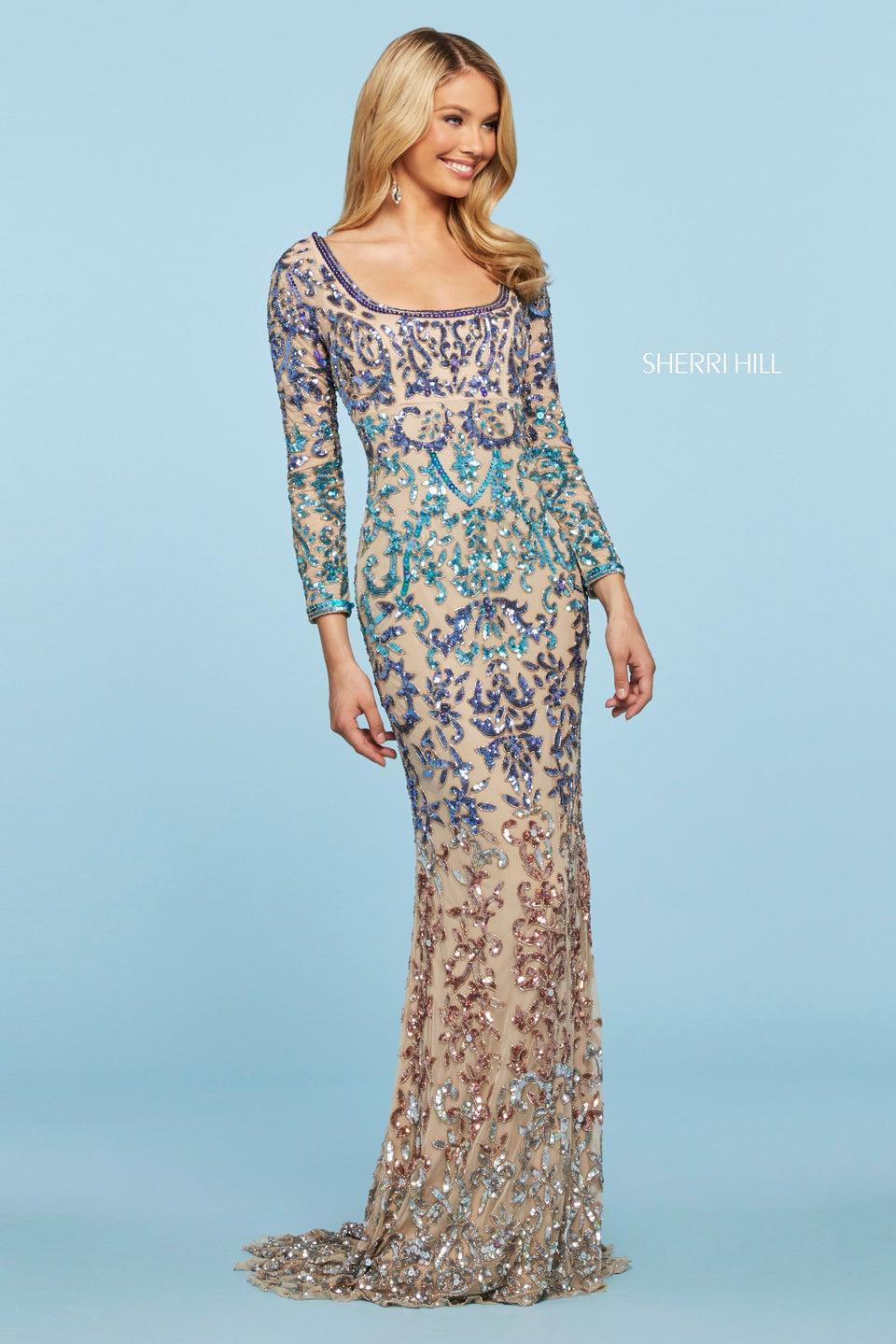 Sherri Hill Beaded And Sequin Column Gown With Rounded Neckline Long Sleeves And Open Back With Tassel Tie