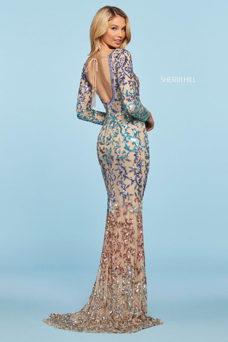 Sherri Hill Beaded And Sequin Column Gown With Rounded Neckline Long Sleeves And Open Back With Tassel Tie