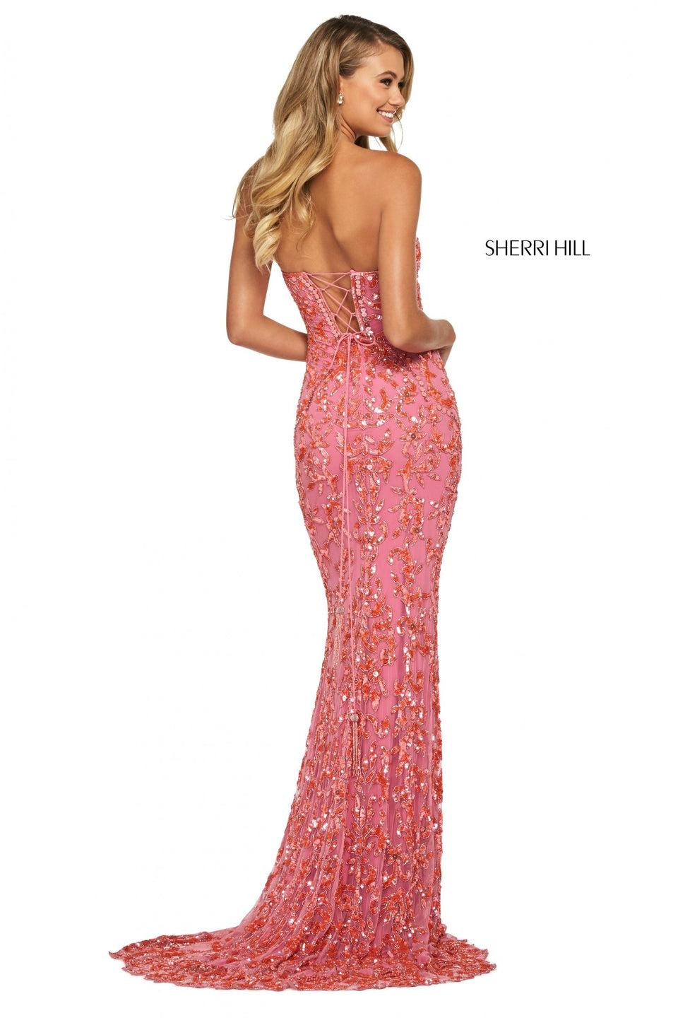 Sherri Hill Beaded And Sequin Column Gown With Strapless Neckline And Skirt Slit And Lace Up Back