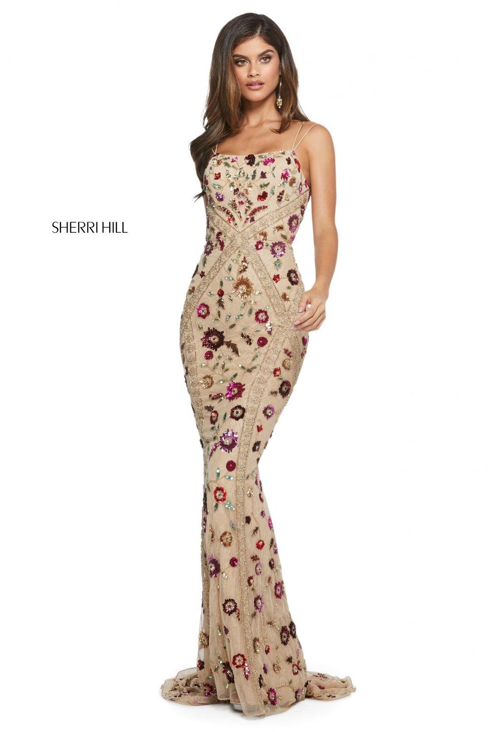 sherri hill Beaded and sequin floral print pattern column dress with straight neckline and an open lace up back