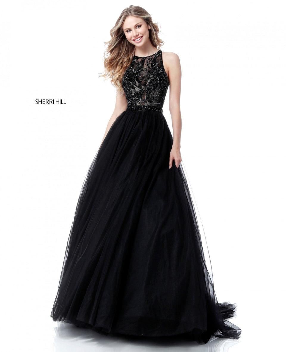 sherri hill Beaded applique bodice with A-line tulle skirt