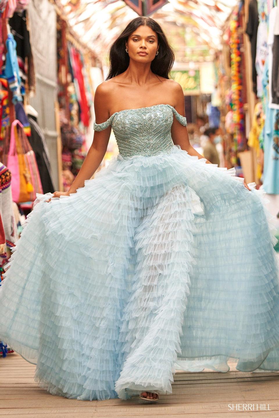 Sherri Hill Beaded Bodice Off The Shoulder Ball Gown With Sheer Ruffle Skirt And High Slit