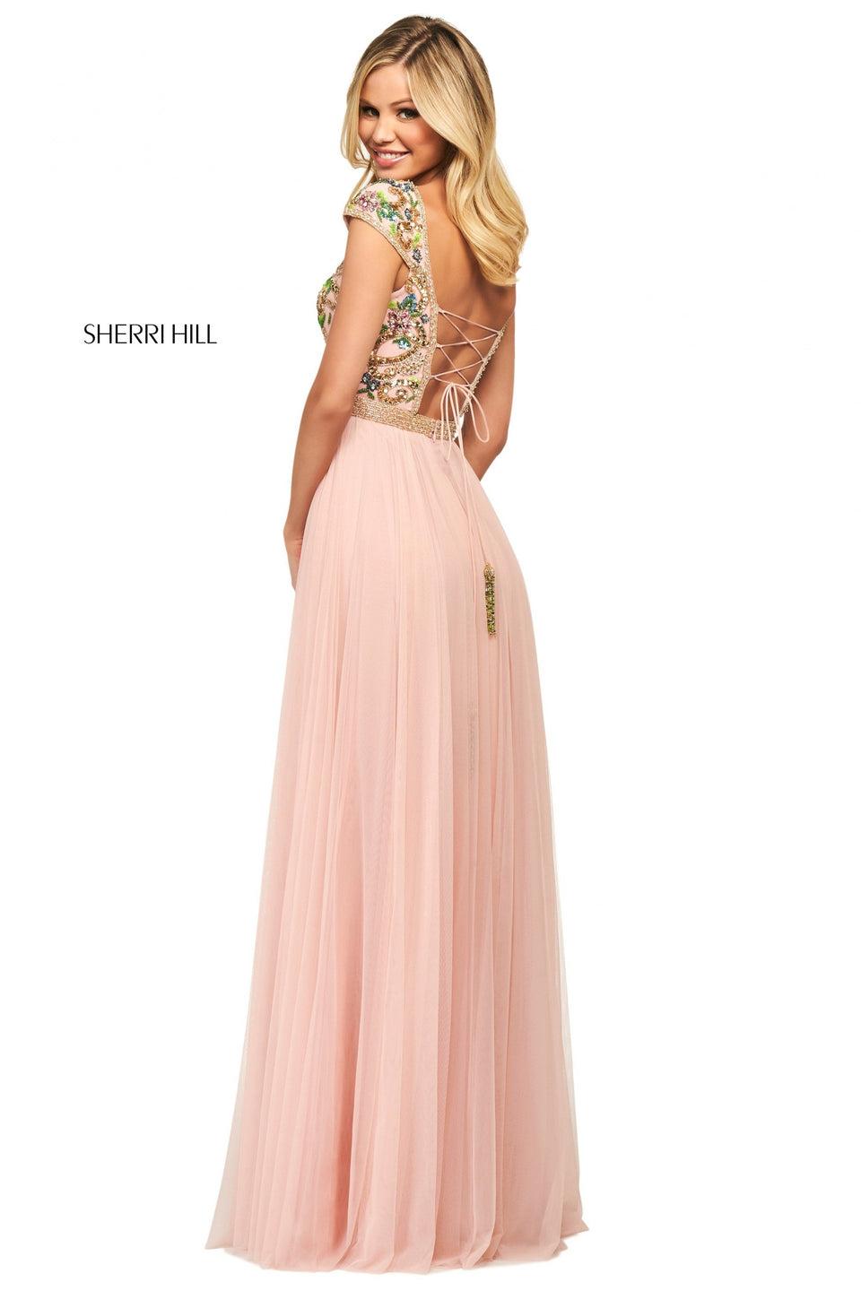 Sherri Hill Beaded Bodice With Cap Sleeves And Open Lace Up Back With Chiffon Skirt