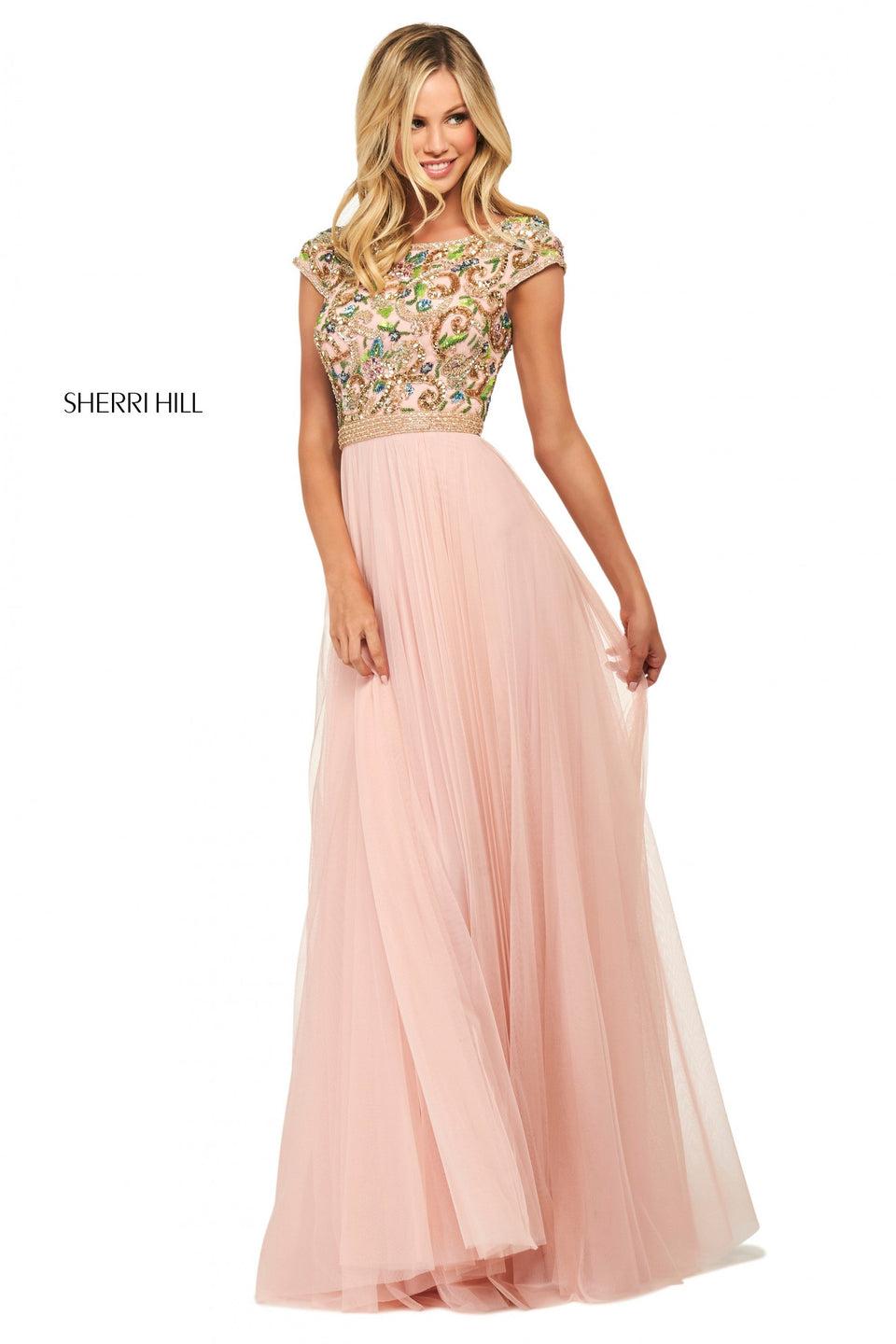 sherri hill Beaded bodice with cap sleeves and open lace up back with chiffon skirt