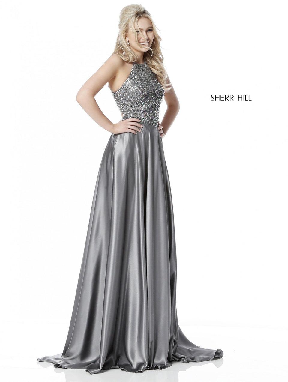 Sherri Hill Beaded Bodice With Cut Out Back And Charmeuse Slit Skirt