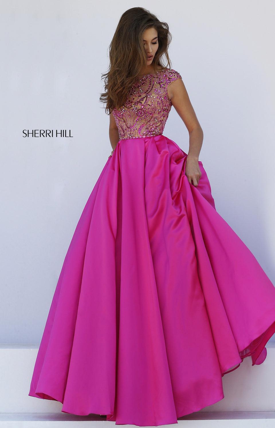 sherri hill Beaded bodice with low V back and taffeta ball gown skirt
