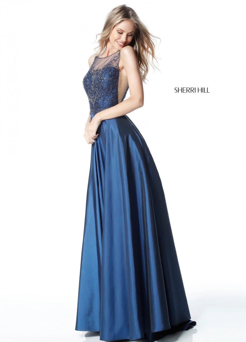 sherri hill Beaded bodice with V back and taffeta A-line skirt