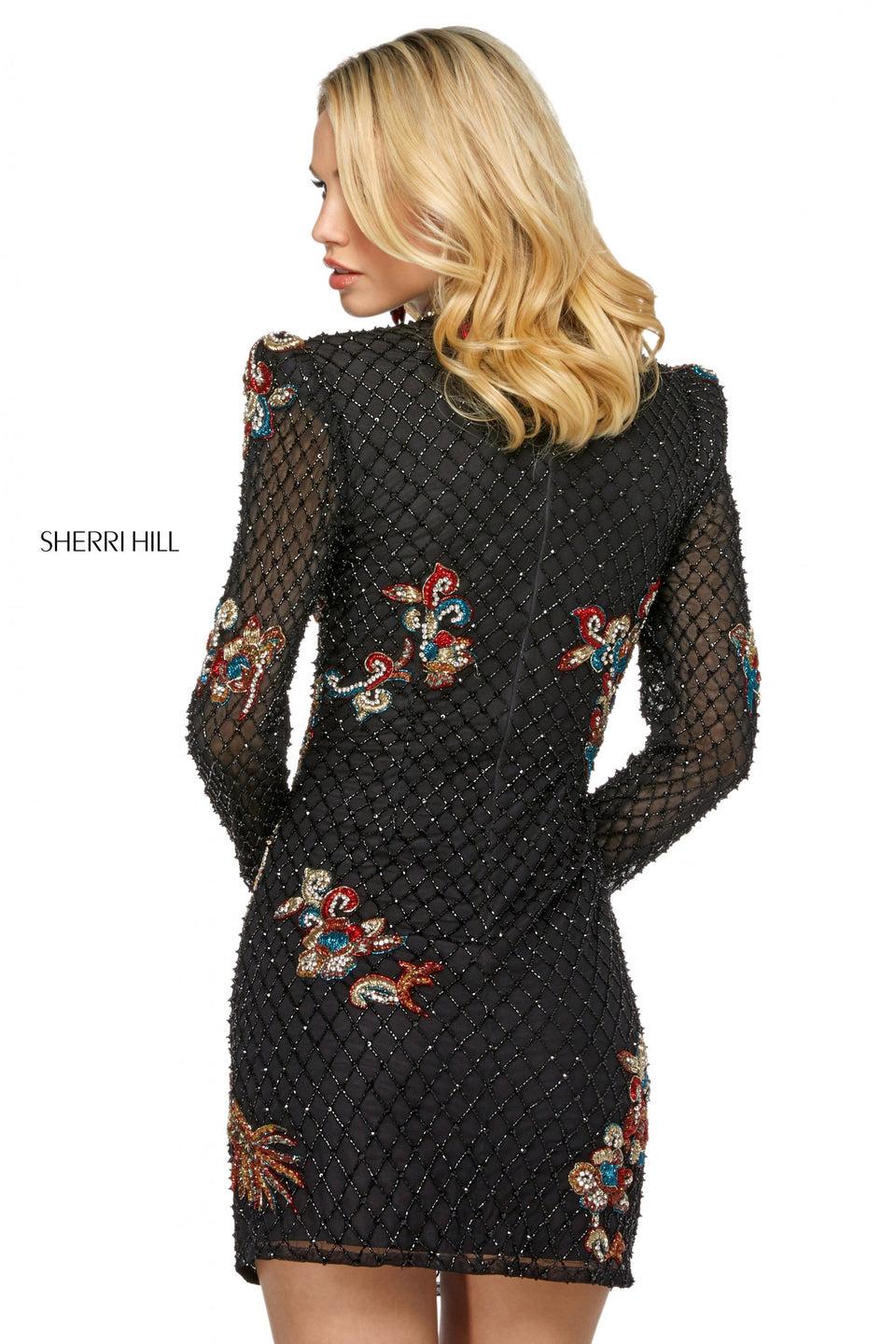 Sherri Hill Beaded Cocktail Dress With Dragon Embroidery High Neckline Long Sleeves And Puff Shoulders