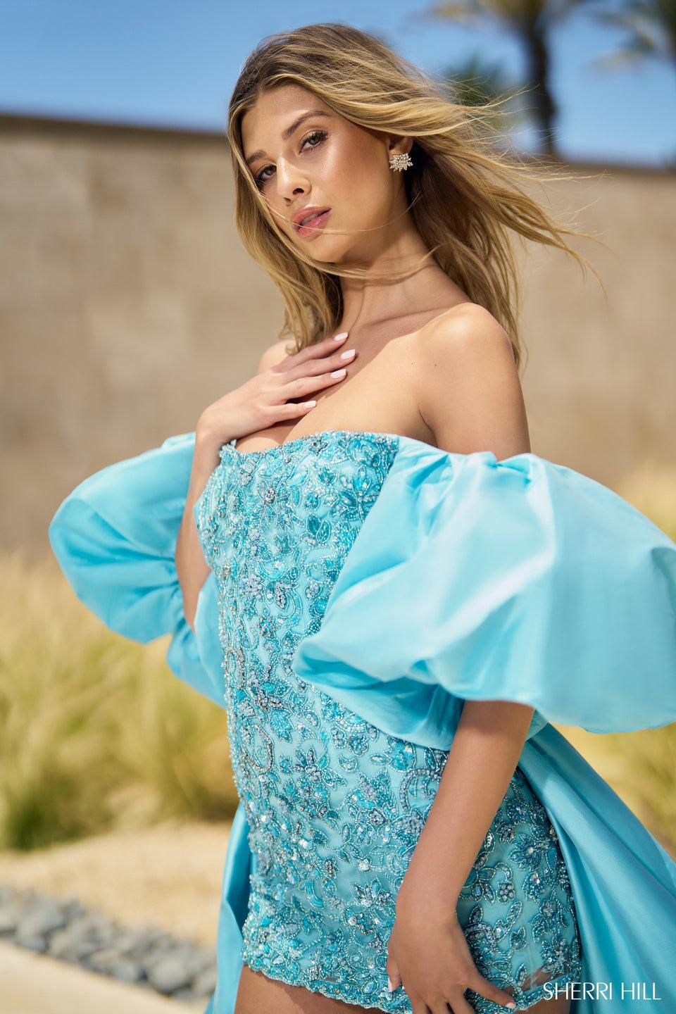 Sherri Hill Beaded Cocktail Dress With Taffeta Floor Length Overskirt