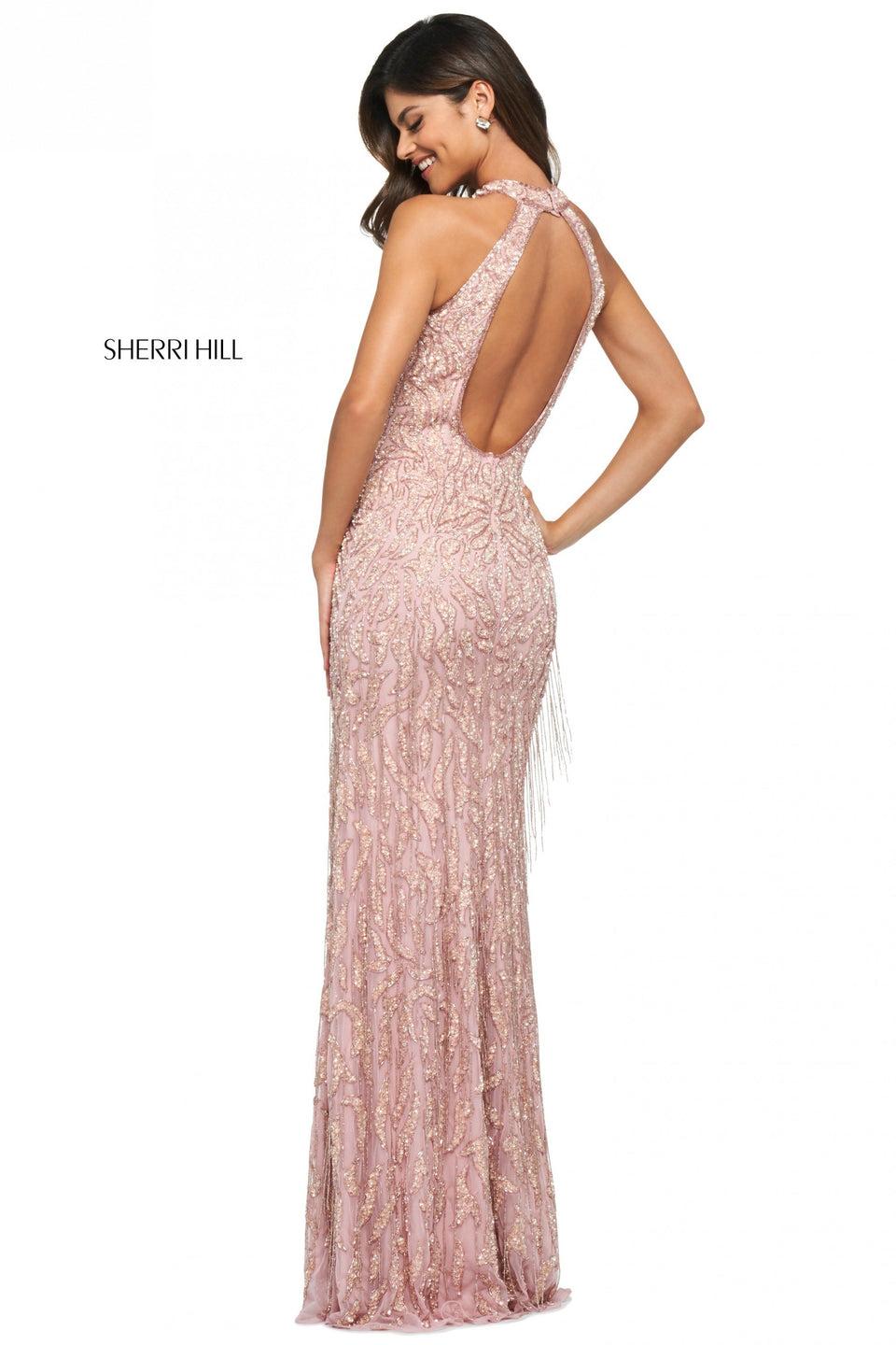 Sherri Hill Beaded Column Dress With Fringe On Skirt Rounded Skirt Slit High Cut Halter Style Neckline And Open Back