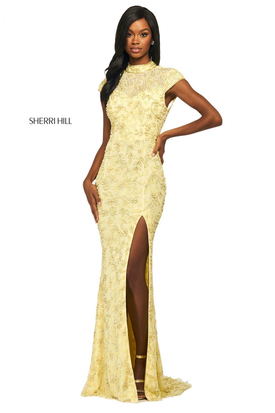 Sherri Hill Beaded Column Dress With High Neckline Cap Sleeves Open Back And Skirt Slit
