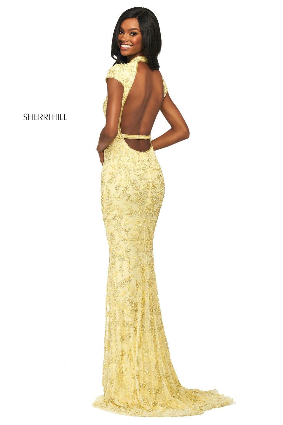 sherri hill Beaded column dress with high neckline cap sleeves open back and skirt slit