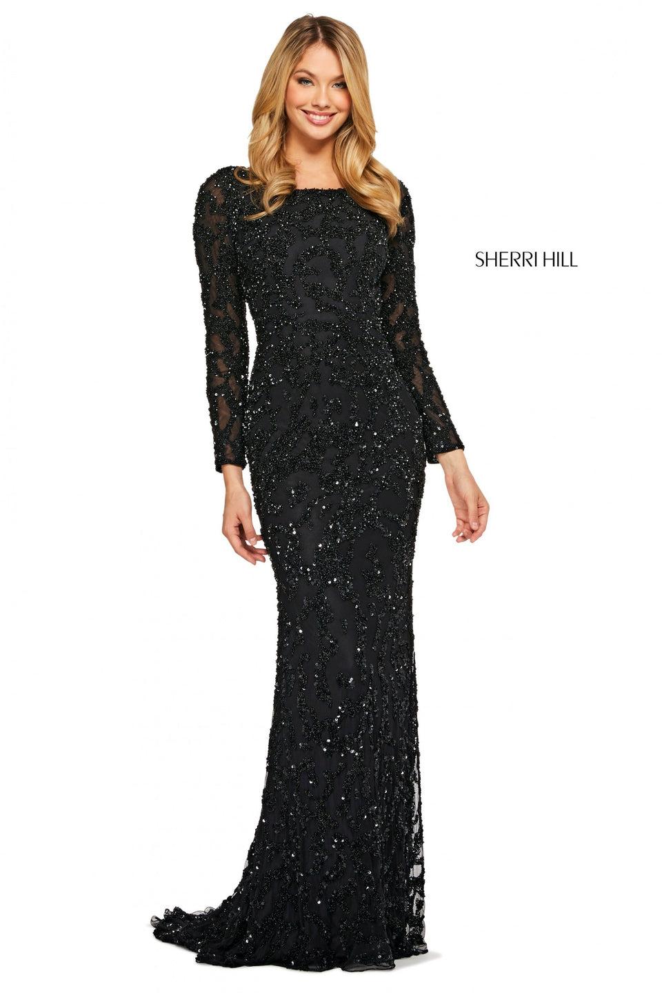 Sherri Hill Beaded Column Dress With High Neckline Long Sleeves And Open Back