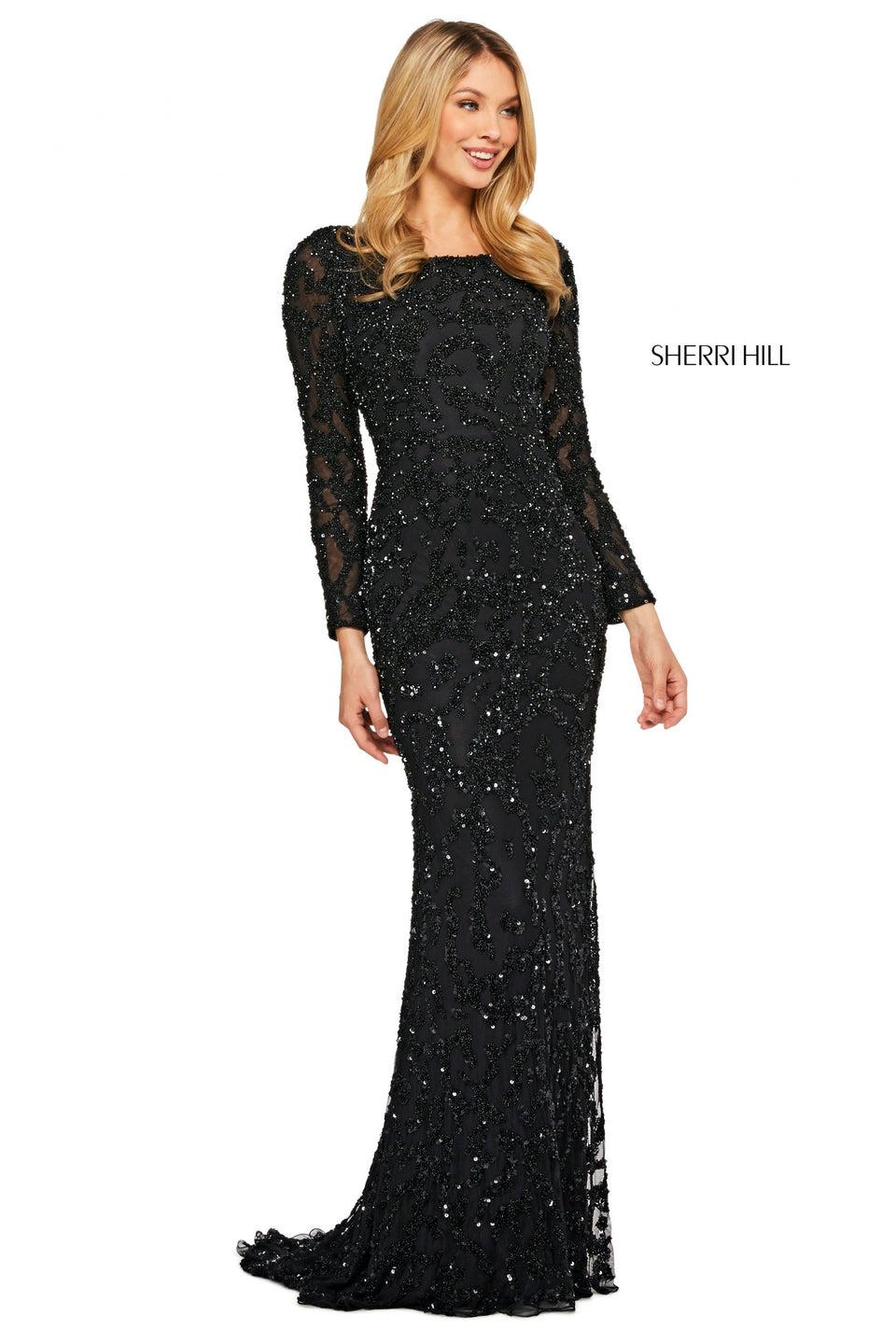 Sherri Hill Beaded Column Dress With High Neckline Long Sleeves And Open Back